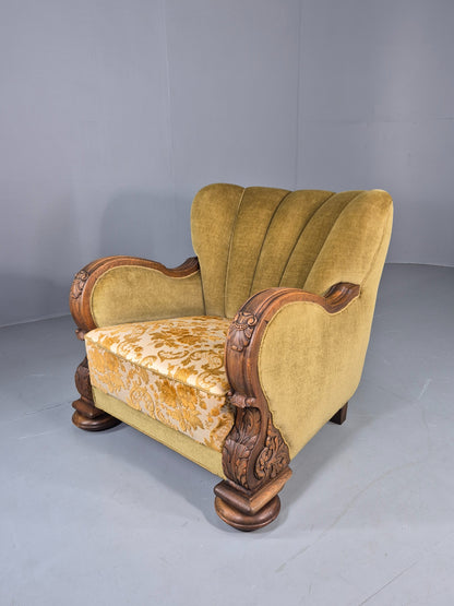 Vintage Danish Art Deco Lounge Chair Carved Oak Frame 1940s Green Floral 12838