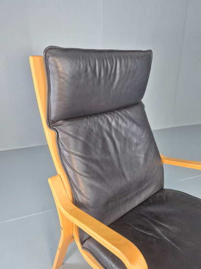 Vintage Danish Lounge Chair Leather and Bentwood 1980s Retro MCM EB13079