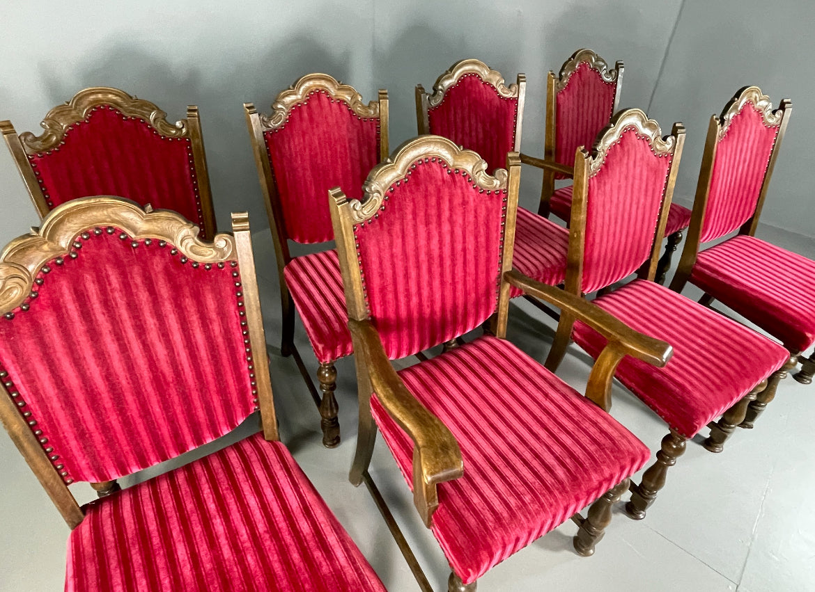 8 Baroque Style Dining Chairs 1950s Danish Oak Original Covers EB06750