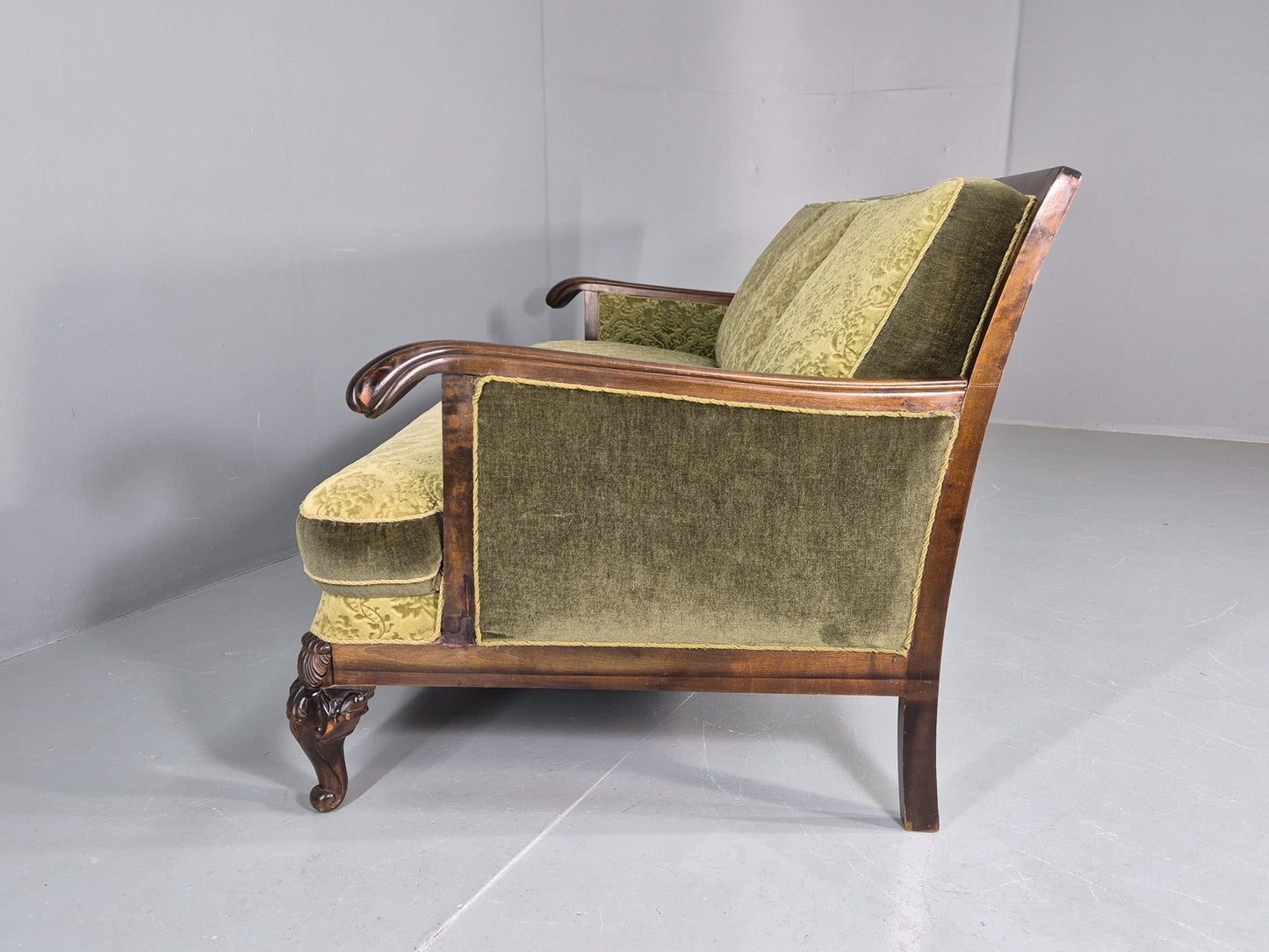 Antique 3 Seater Sofa 1920s Danish Carved Frame Green Moquette  EB12005