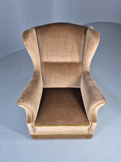 Vintage Wingback Lounge Chair Danish 20th Century Green Velvet Velour EB12706