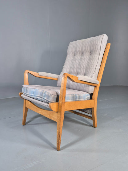 Vintage Cintique Lounge Chair Beech Frame Mid Century Retro Blue Fabric EB11947