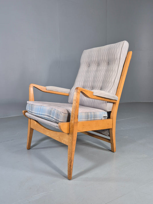Vintage Cintique Lounge Chair Beech Frame Mid Century Retro Blue Fabric EB11947