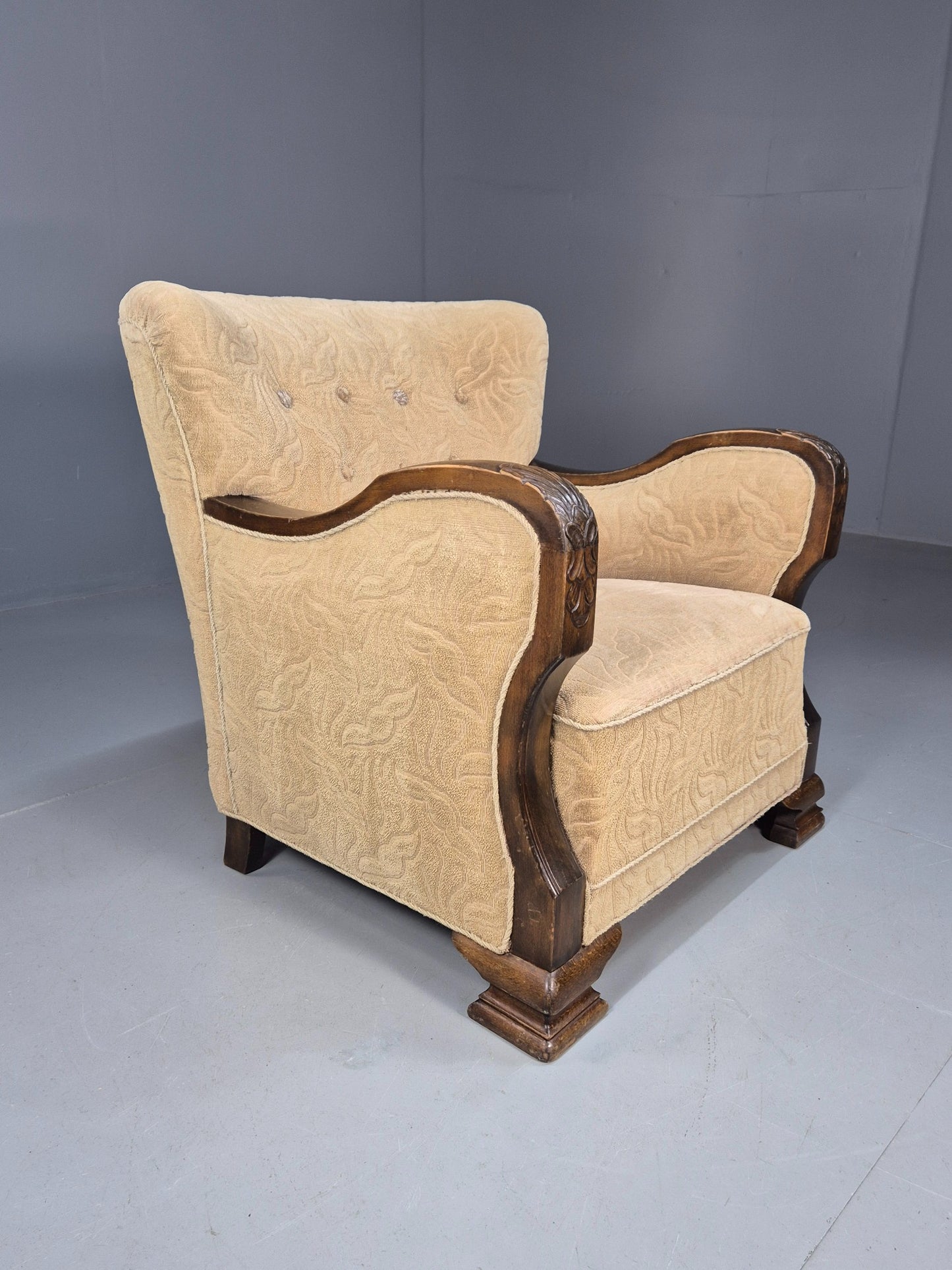 Antique Danish Art Deco Armchair Cream Moquette Beech Frame 1920s EB02887