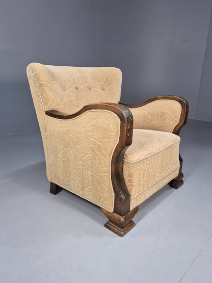 Antique Danish Art Deco Armchair Cream Moquette Beech Frame 1920s EB02887