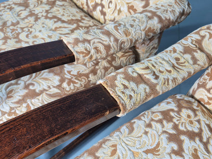 2 Utility Era Open Armed Lounge Chairs Wood Frames Floral Moquette 1940s EB12915