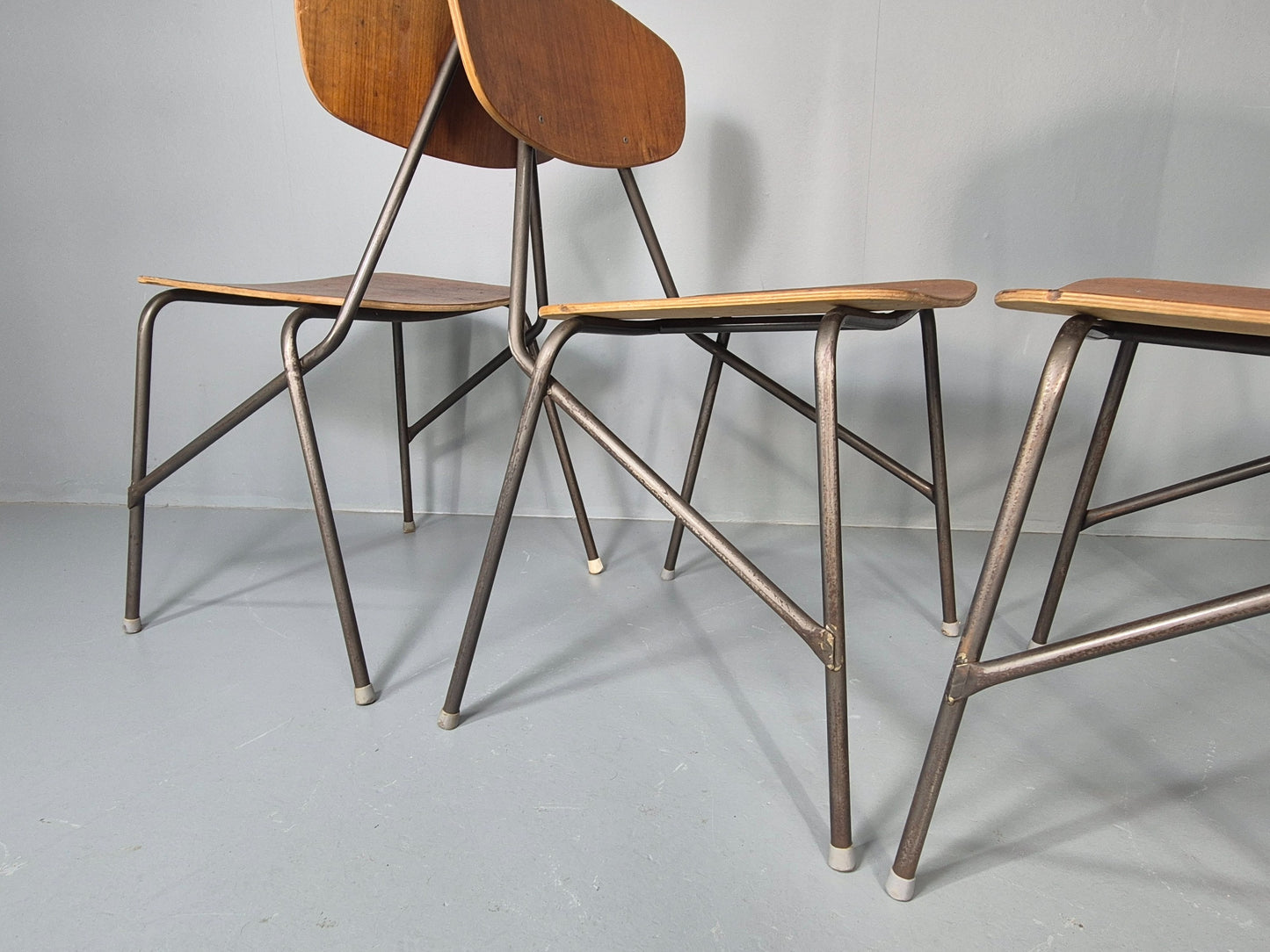 6 Vintage Danish Stacking Chair Industrial Steel and Teak Ply Retro MCM  EB12475