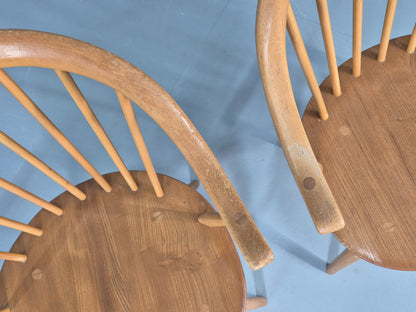 2 Ercol Cowhorn Elbow Chairs Blonde Wood 1960s Short Legged Retro MCM EB12459