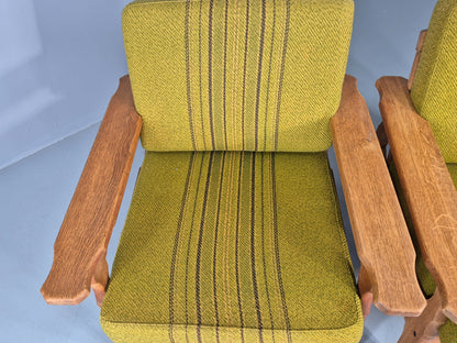 2 Vintage Lounge Chairs 1970s Danish Kjaernulf Oak Frames Green Cushions EB12780