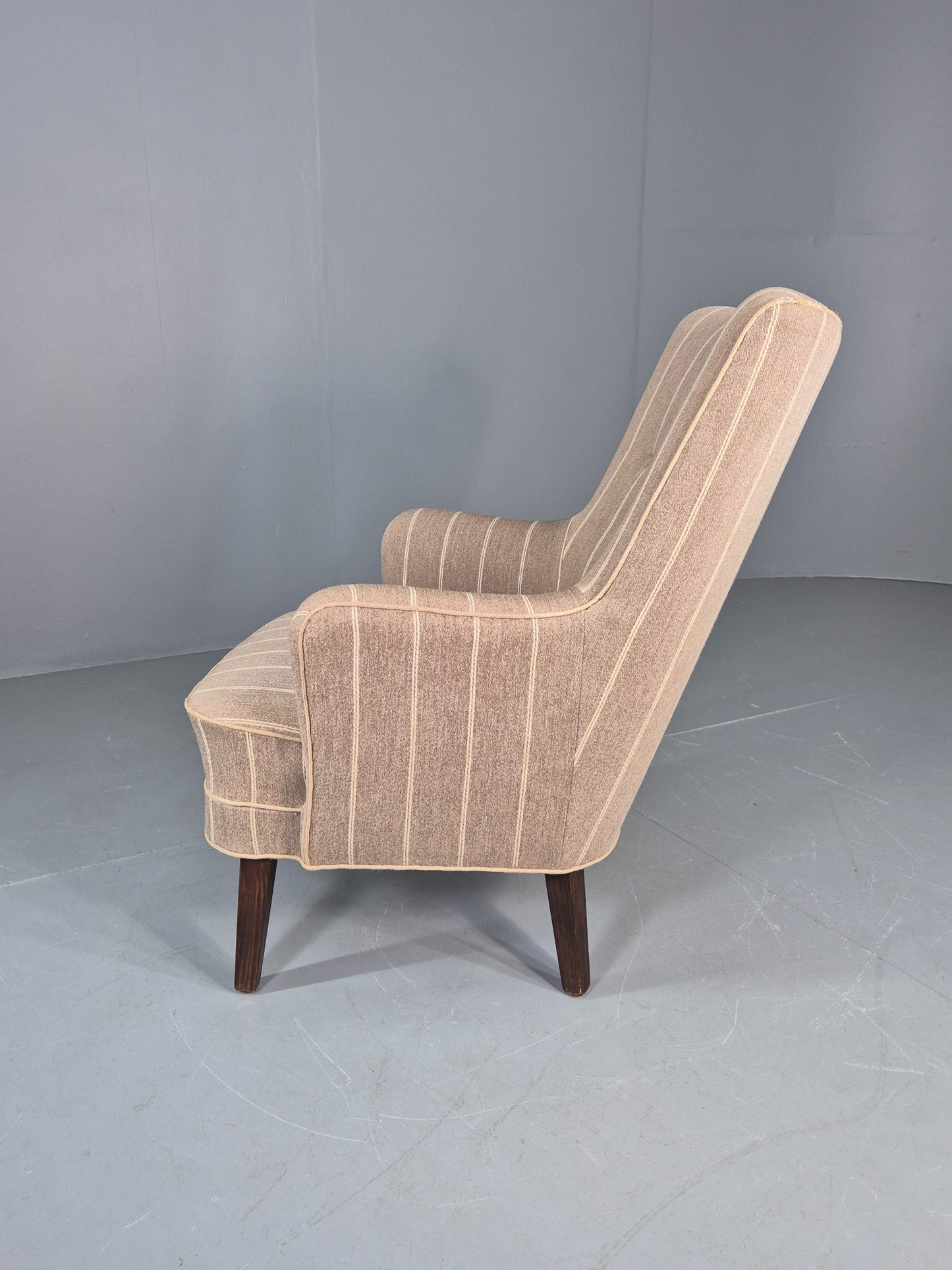 Vintage Danish Mid Century Lounge Chair Grey Cream Stripe 1960s Retro  EB12779
