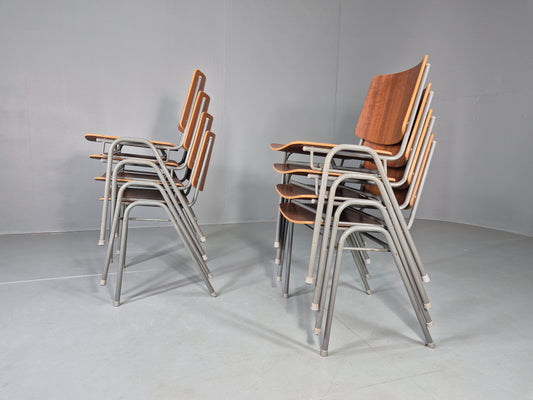 8 Vintage Danish Industrial Chairs Mid Century Teak and Steel Retro EB12665