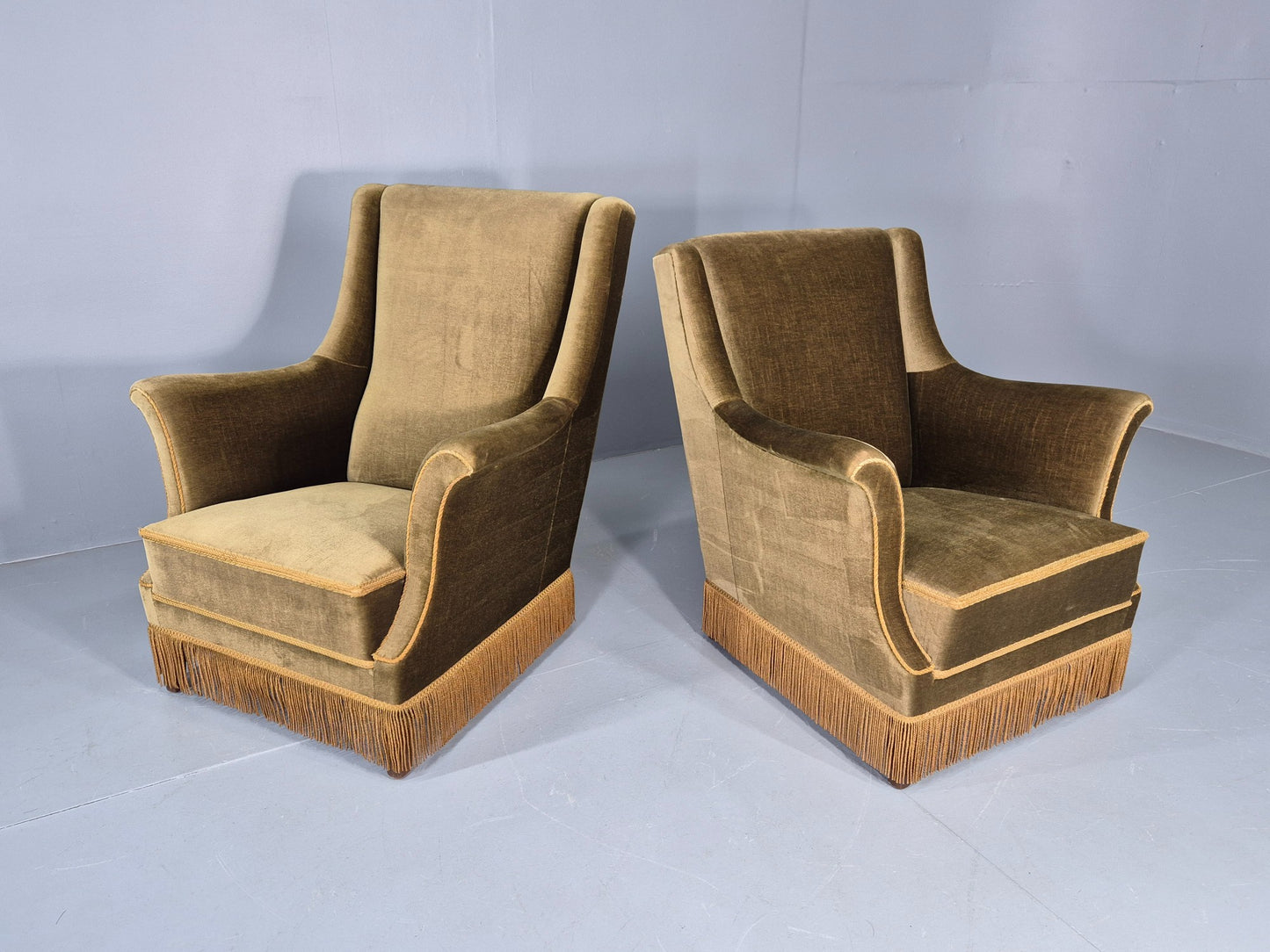 2 Midcentury Danish Lounge Chairs Green Velour Velvet Tassels 1960s EB12646