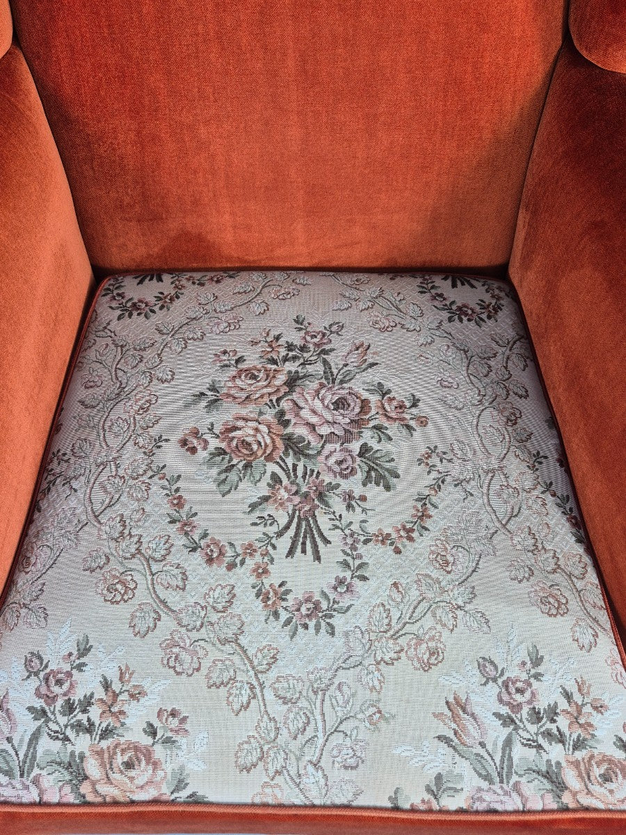 Vintage Wing Back Lounge Chair Danish 20th Century Orange Cream Tassels  EB12707