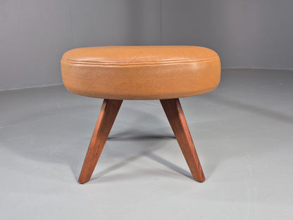 Vintage Mid Century Foot Stool Brown Vinyl Danish Teak Round Retro MCM EB12022