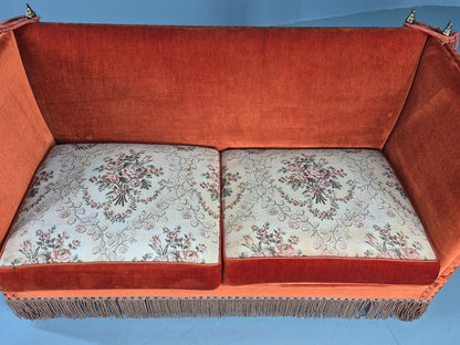 Vintage Danish Knole Sofa 2 Seater Red Velour Floral Cream Cushions EB12725
