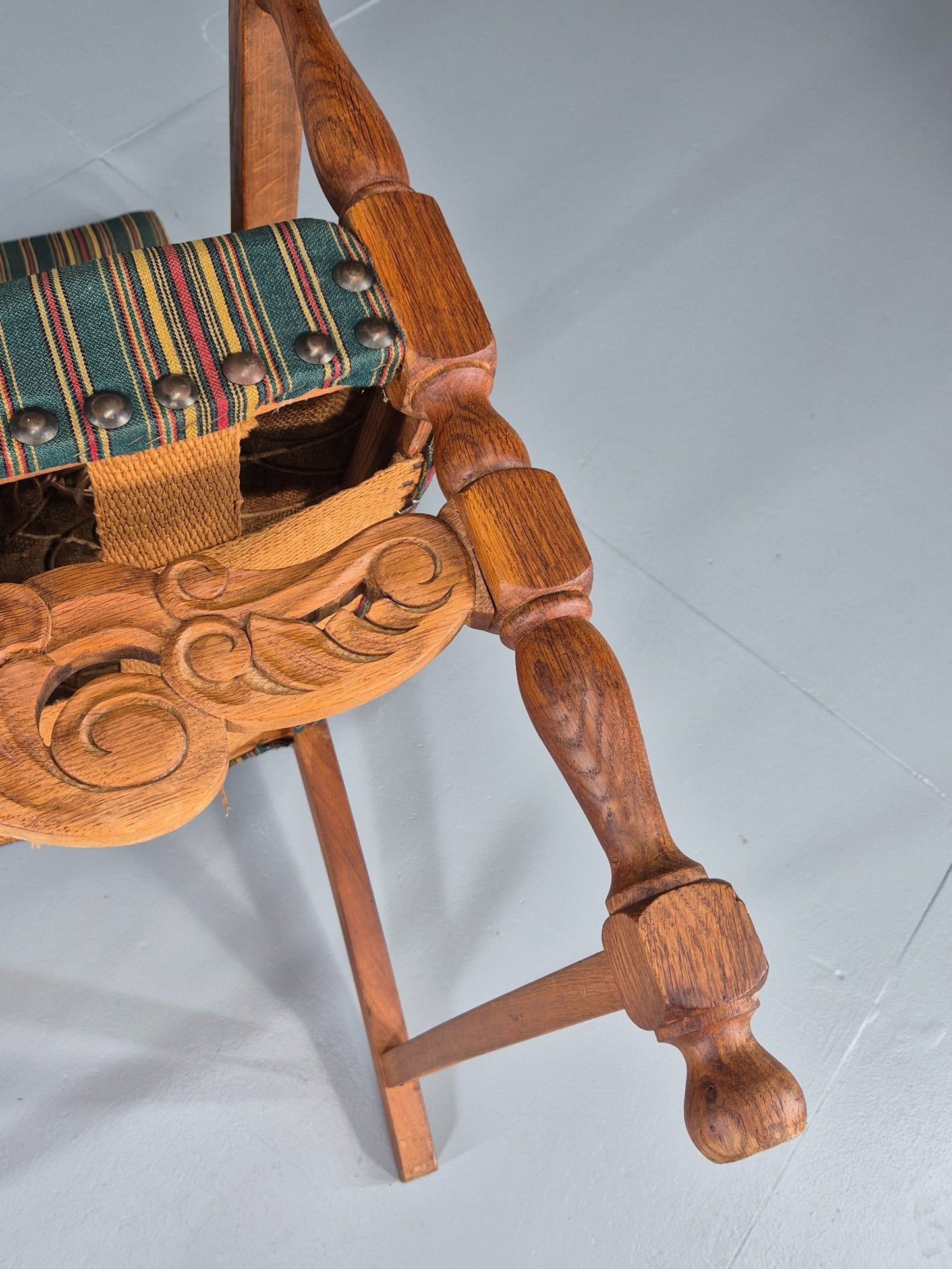 Vintage Danish Baroque Style Arm Chair Oak and Striped Wool 1960s  EB12460