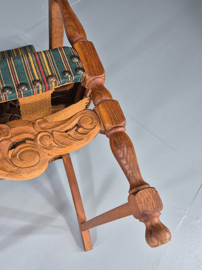 Vintage Danish Baroque Style Arm Chair Oak and Striped Wool 1960s  EB12460