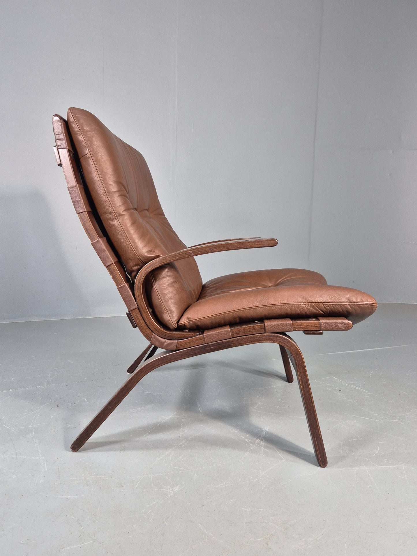 Vintage Farstrup Armchair Bentwood Frame Brown Leather Retro 1970s Eb12147