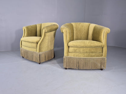 Pair Art Deco Tub Chairs Danish Design 1950s Green Velour Tassels Retro EB12715