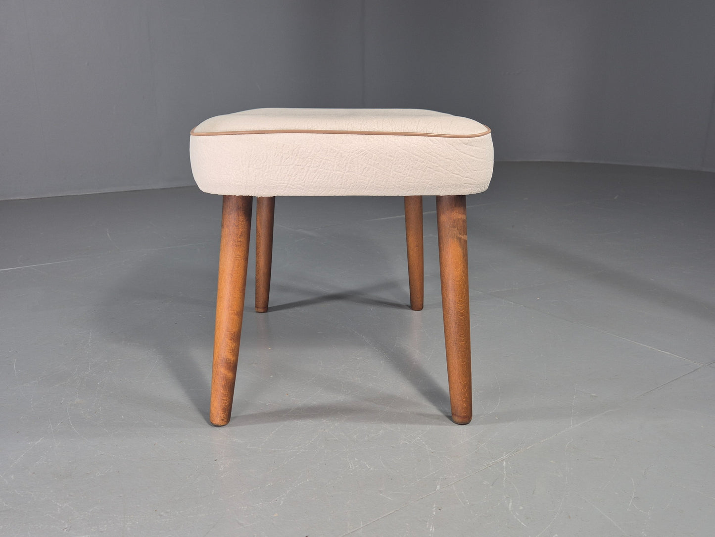 Vintage Mid Century Footstool Danish Cream Vinyl Retro 1960s EB12054