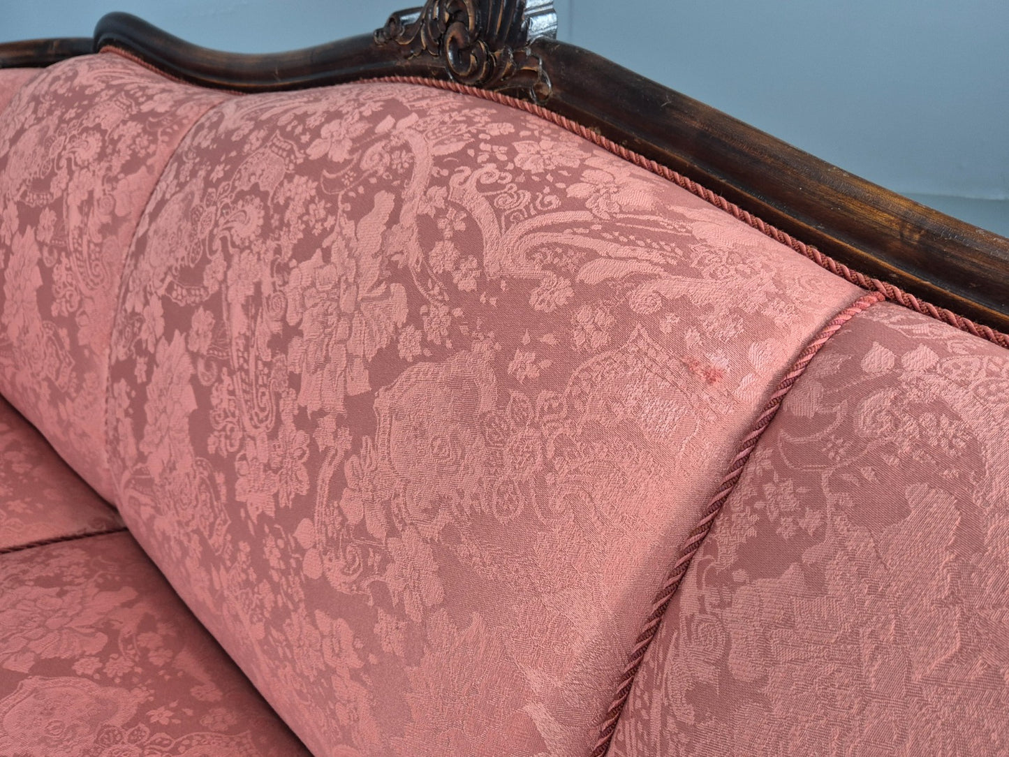 Vintage Danish Art Deco 3 Seater Sofa Carved Hardwood Frame Pink Damask EB12742