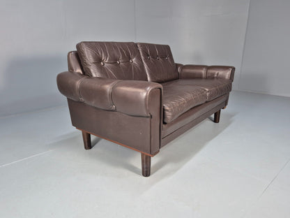 Vintage Danish 2 Seater Brown Leather 1970s Retro Danish MCM Buttoned EB09944