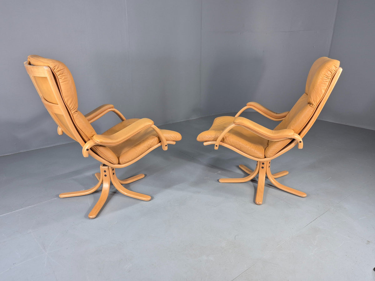 2 Vintage Tan Leather Lounge Chairs 1980s Danish Swivel Bentwood Bases EB13081