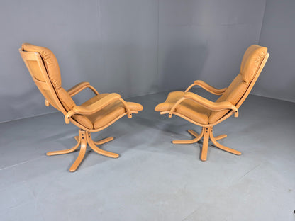 2 Vintage Tan Leather Lounge Chairs 1980s Danish Swivel Bentwood Bases EB13081