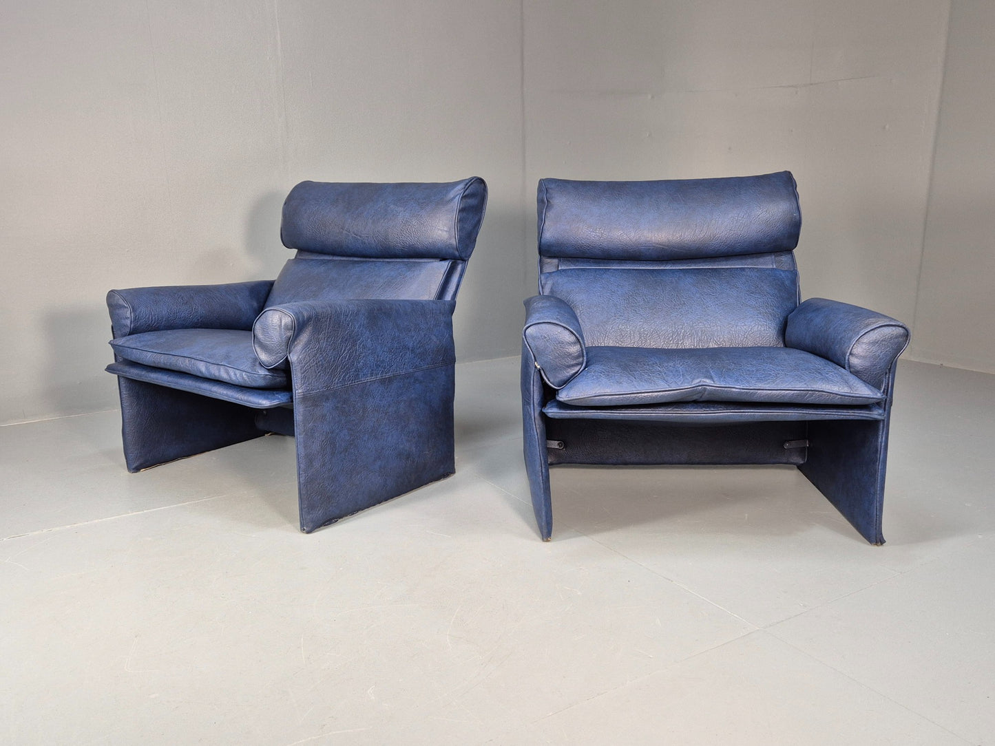 Vintage Saporiti Italian Lounge Chairs Pair Blue Vinyl Retro EB9844