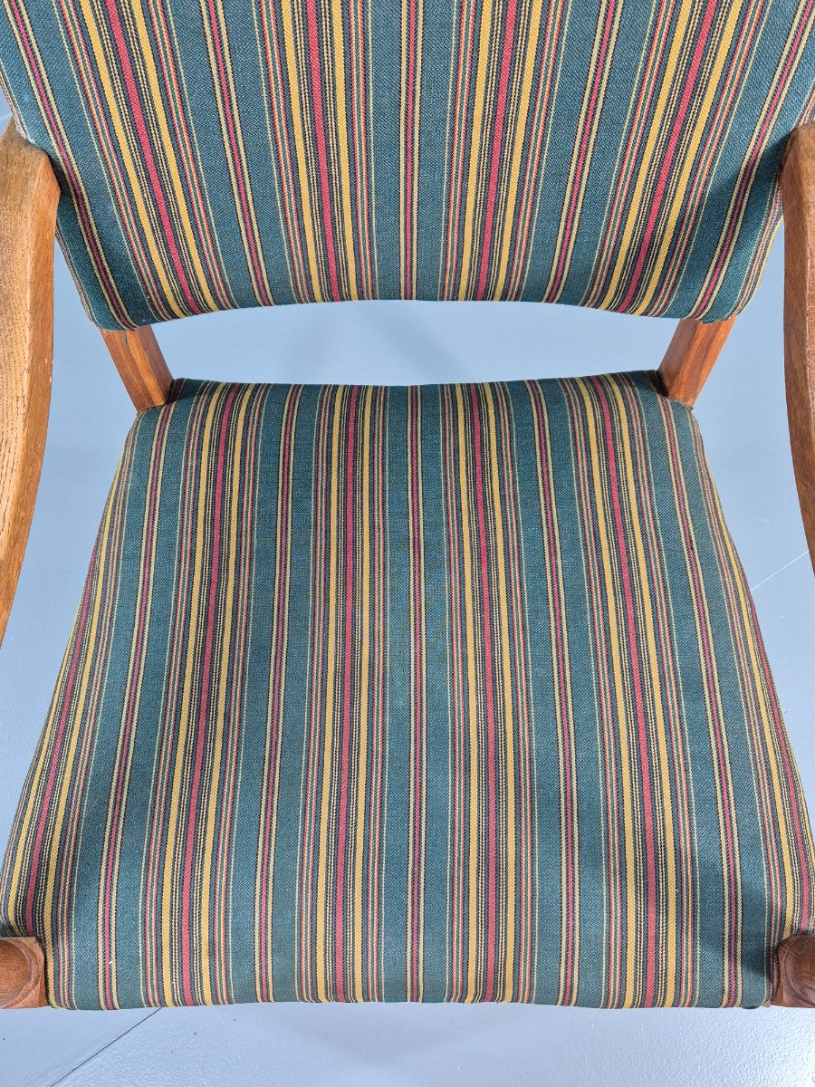 Vintage Danish Baroque Style Arm Chair Oak and Striped Wool 1960s  EB12460