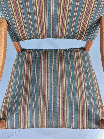 Vintage Danish Baroque Style Arm Chair Oak and Striped Wool 1960s  EB12460