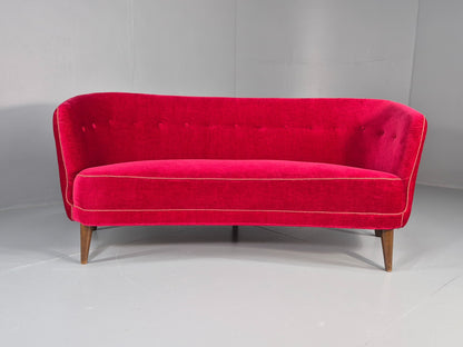 Vintage Danish Banana Sofa 3 Seater Red Velvet Velour 1950s Classic MCM EB12399