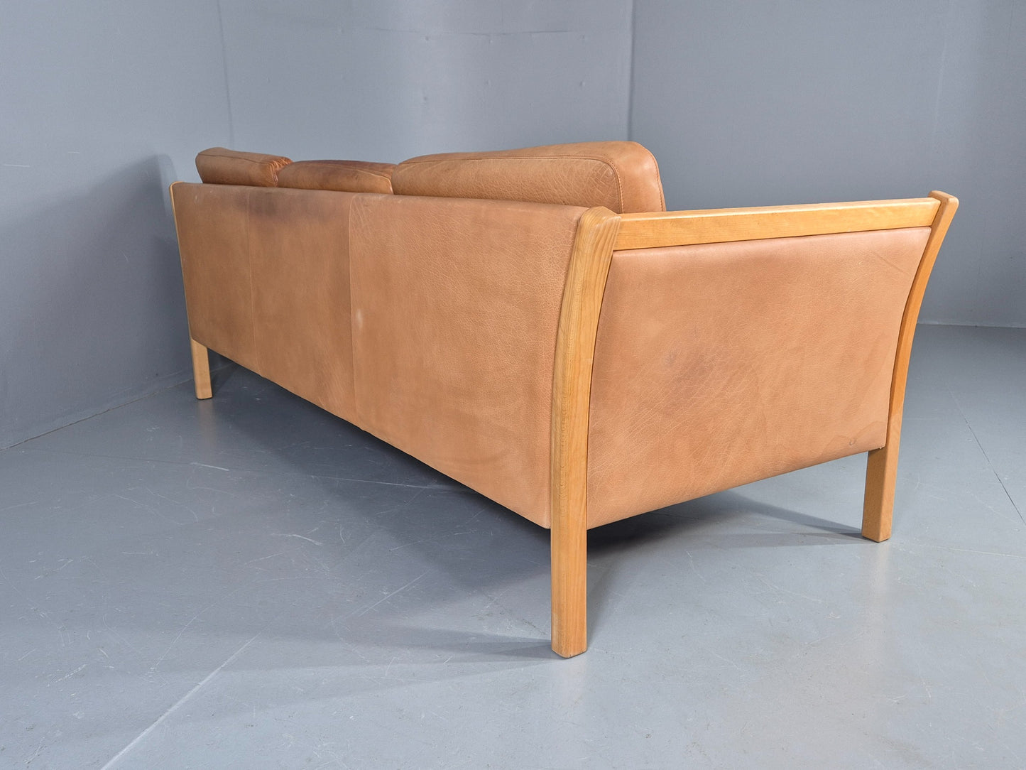 Vintage Stouby 3 seater Sofa Tan Leather 1980s Retro Mid Century Modern EB11610