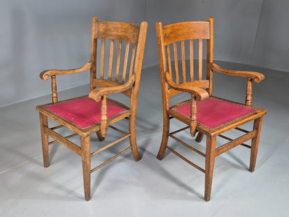 2 Antique Elbow Chairs Danish Oak Frame Red Leather 1900s EB07393