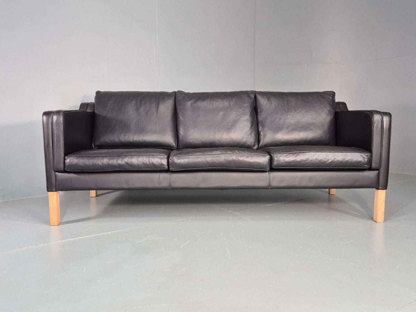 Vintage 3 Seater Sofa Danish Black Leather 1980s Retro Mid Century Style EB11938