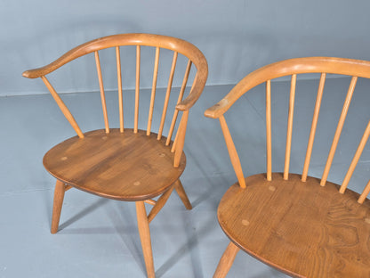 2 Ercol Cowhorn Elbow Chairs Blonde Wood 1960s Short Legged Retro MCM EB12459