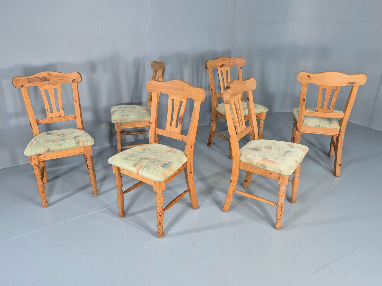 6 Vintage Danish Pine 1980s Dining Chairs Original Upholstery Retro EB12397