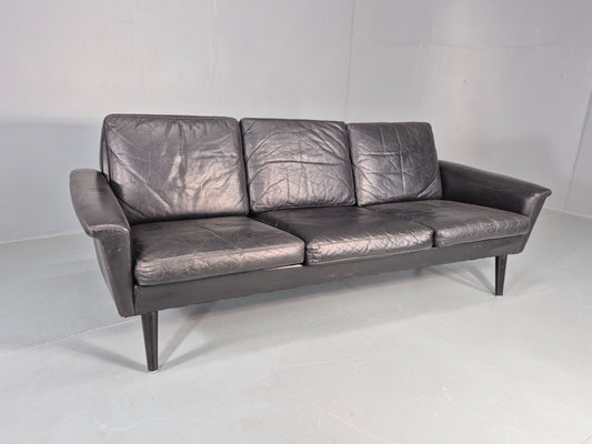 Mid Century 3 Seater Sofa Danish 1960s Black Leather Retro Modern Design EB11355