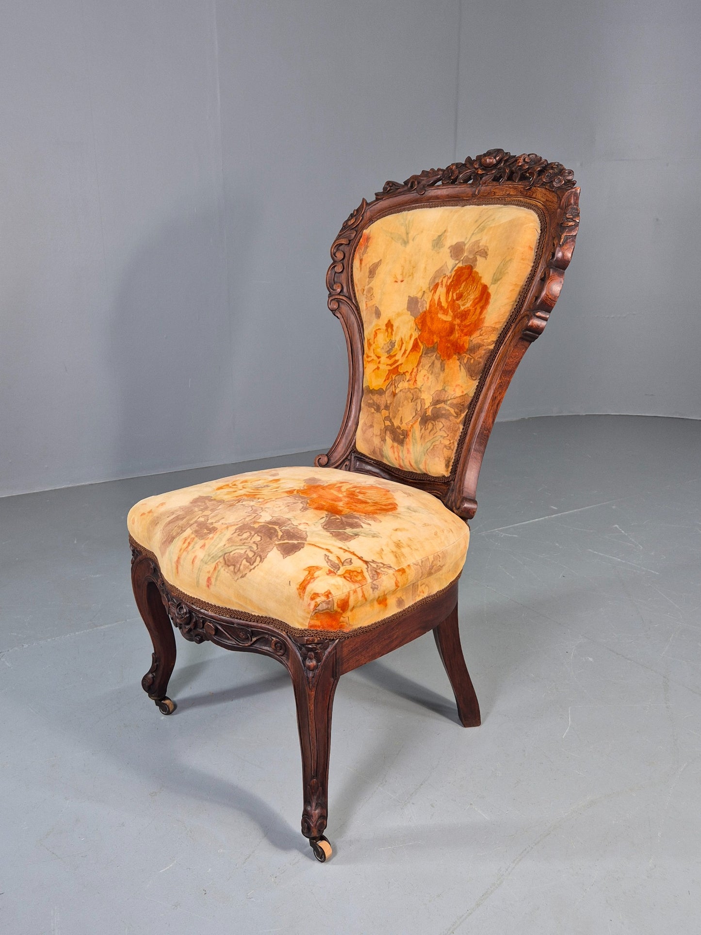Antique Mahogany Baloon Back Armless Chair Floral Cotton Upholstery EB12793