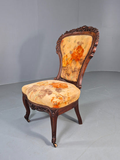 Antique Mahogany Baloon Back Armless Chair Floral Cotton Upholstery EB12793