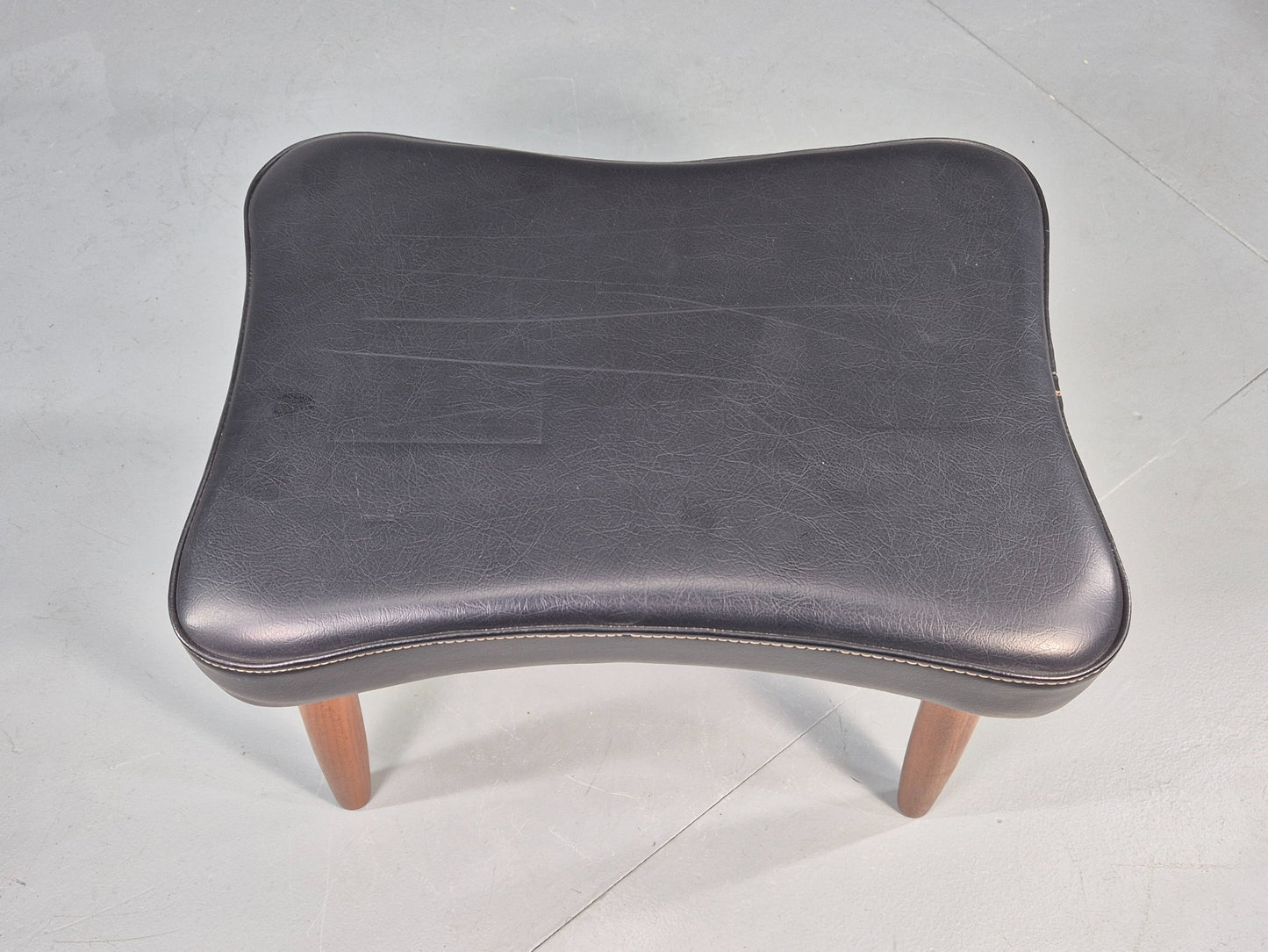 Vintage Danish Mid Century Footstool Black Vinyl Teak Legs 1960s Retro EB12098