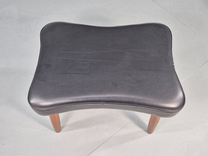 Vintage Danish Mid Century Footstool Black Vinyl Teak Legs 1960s Retro EB12098