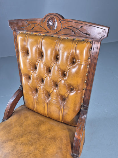 Antique Library Chair Deep Buttoned Tan Leather Oak Frame 1900s EB11657