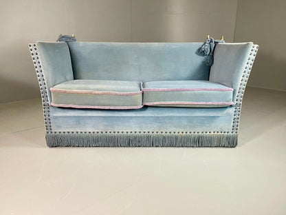 Vintage 2 Seater Knole Sofa Danish Blue Velvet Velour 1950s Tassles Trim EB06007