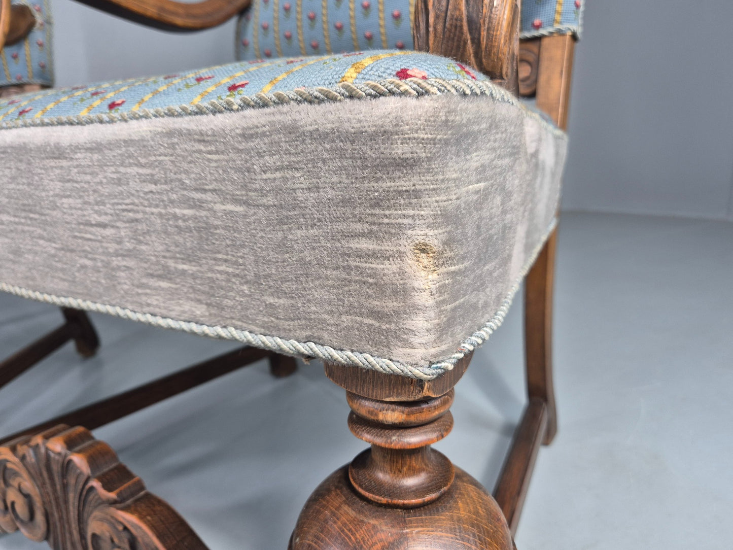 2 Vintage Danish Baroque Revival Lounge Chairs Oak Frame Tapestry Floral EB12643