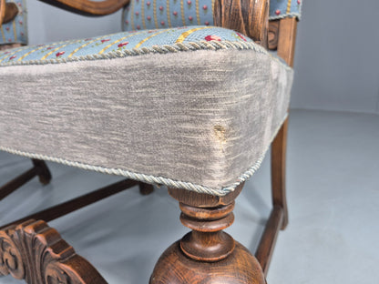 2 Vintage Danish Baroque Revival Lounge Chairs Oak Frame Tapestry Floral EB12643