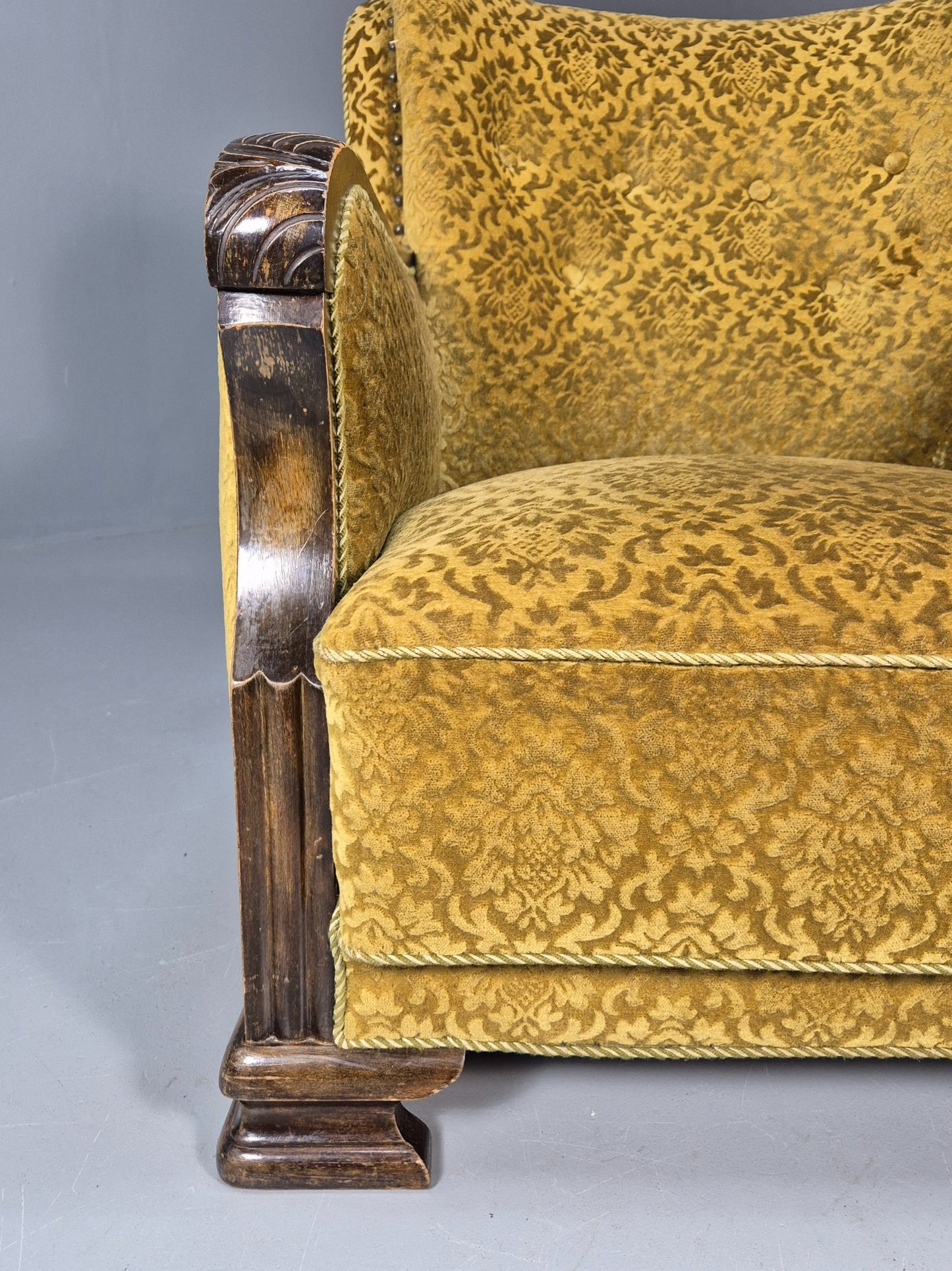 Antique Danish floral Mustard Colour Armchair 1920s Wood Frame EB08975