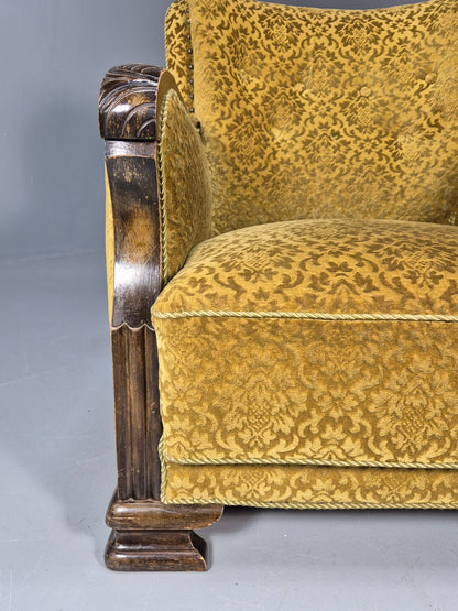 Antique Danish floral Mustard Colour Armchair 1920s Wood Frame EB08975