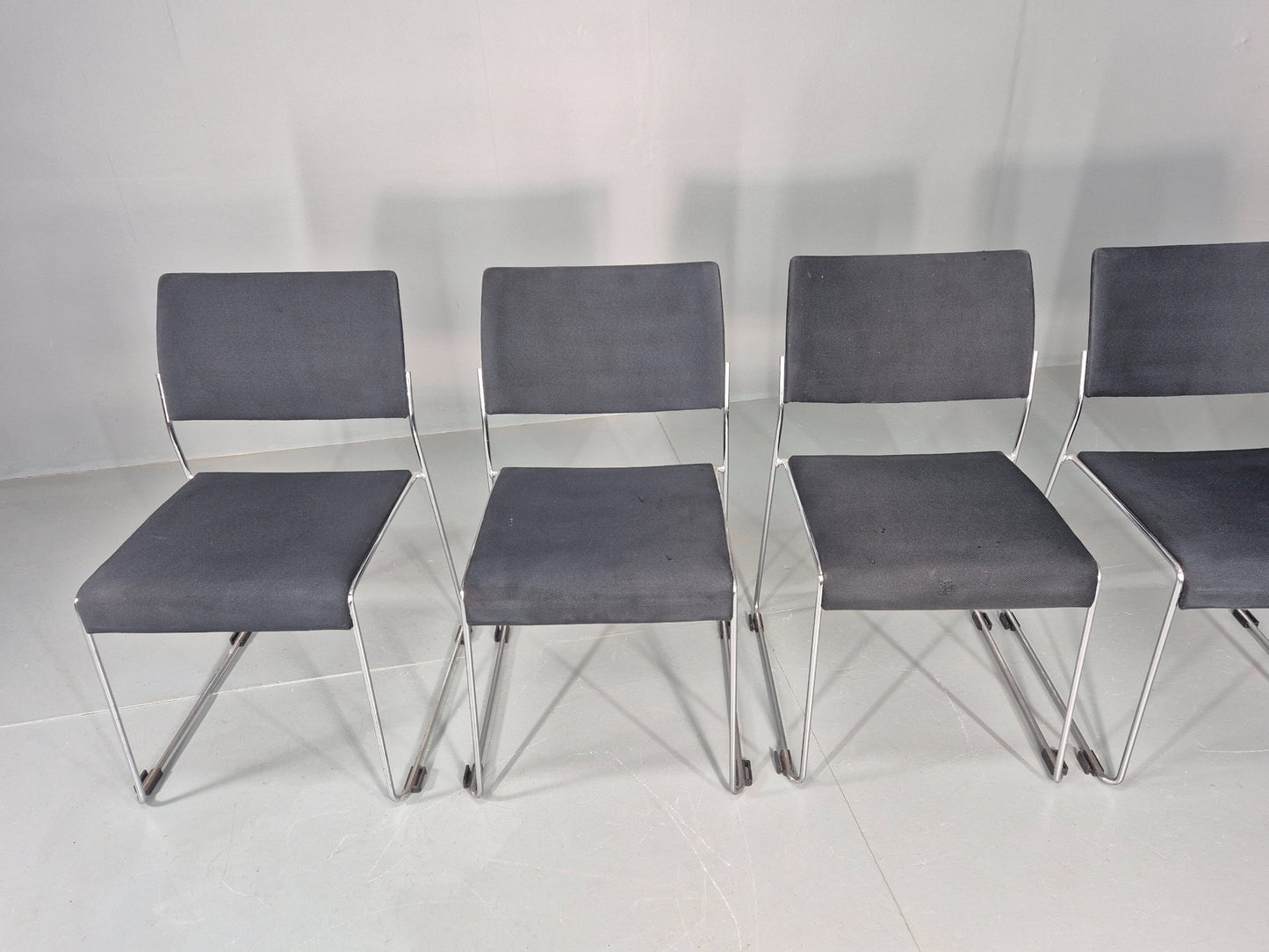 5 Vintage Stacking Chairs Chrome Rod and Black Cloth Brunner Brand EB12003