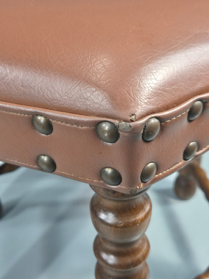 Vintage Stool Brown Vinyl Upholstery Oak Bobbin Turned Frame Hexagonal EB11306